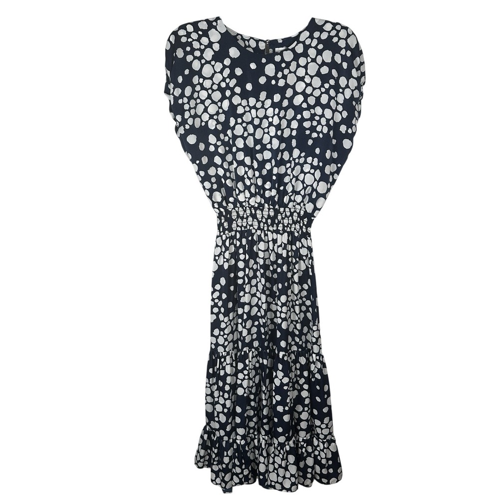 Misa Los Angeles Midi Dress Size XS Navy Blue Dot Print Cap Sleeve Smocked Waist